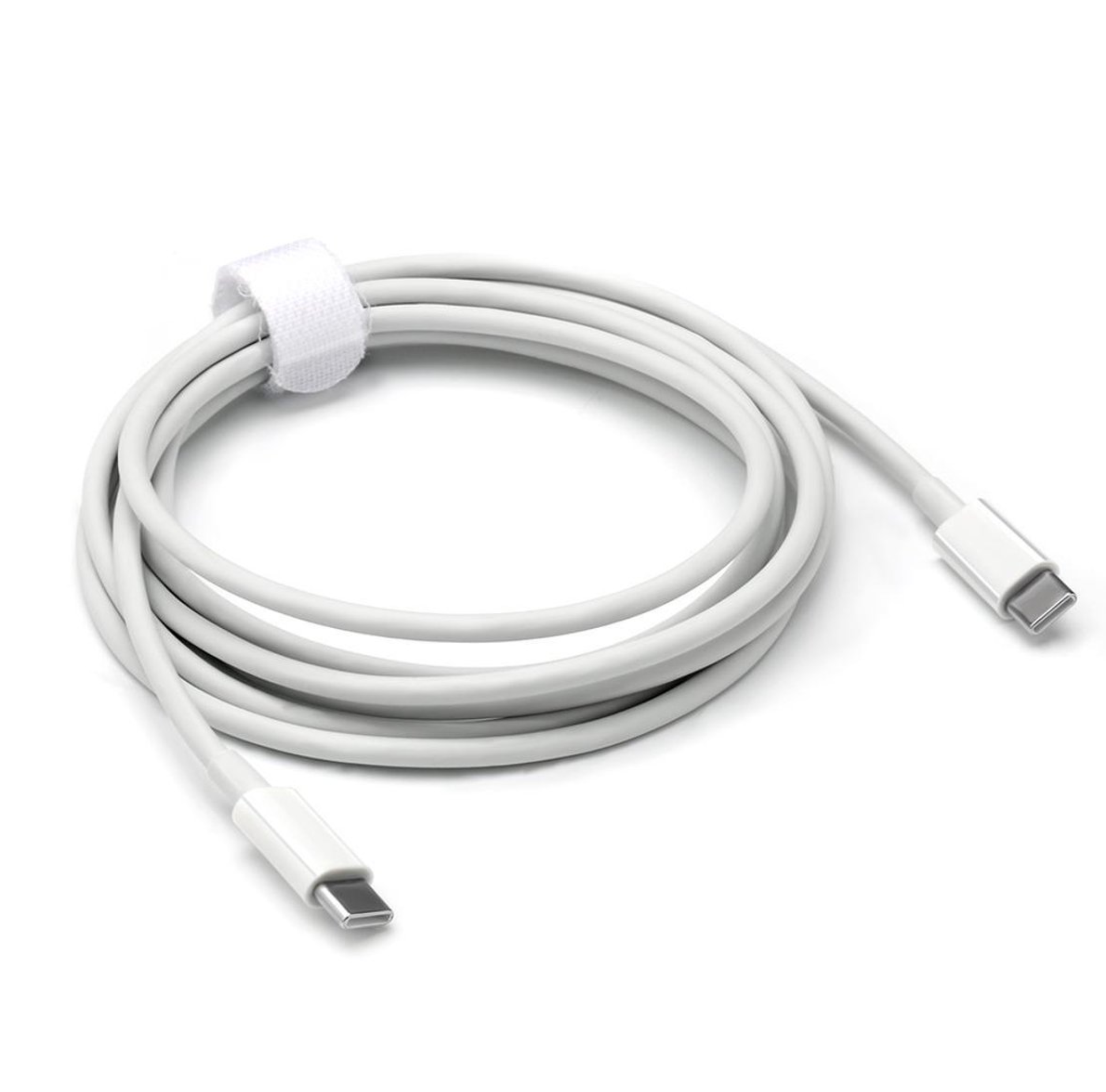 A white USB-C charging cable, coiled with a white hook-and-loop fastener, lies on a plain white background.