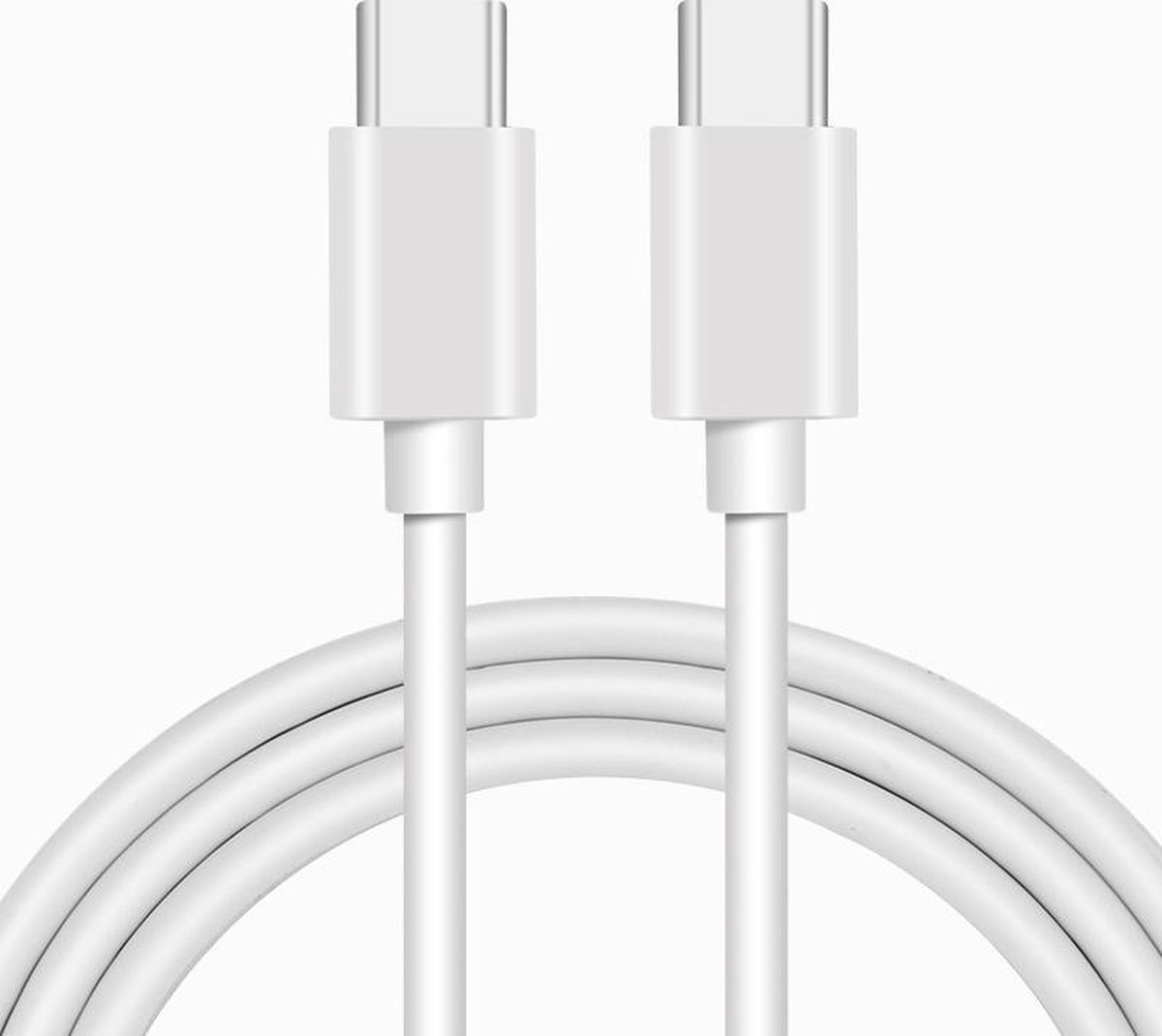 A white USB-C cable with two connectors is shown against a plain white background, coiled at the bottom.