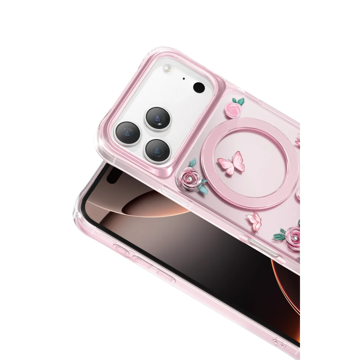 Pembe 3D güller ve kelebekler ile pembe bir yüzüğün bulunduğu şeffaf pembe bir telefon kılıfı, siyah bir arka plan üzerinde.