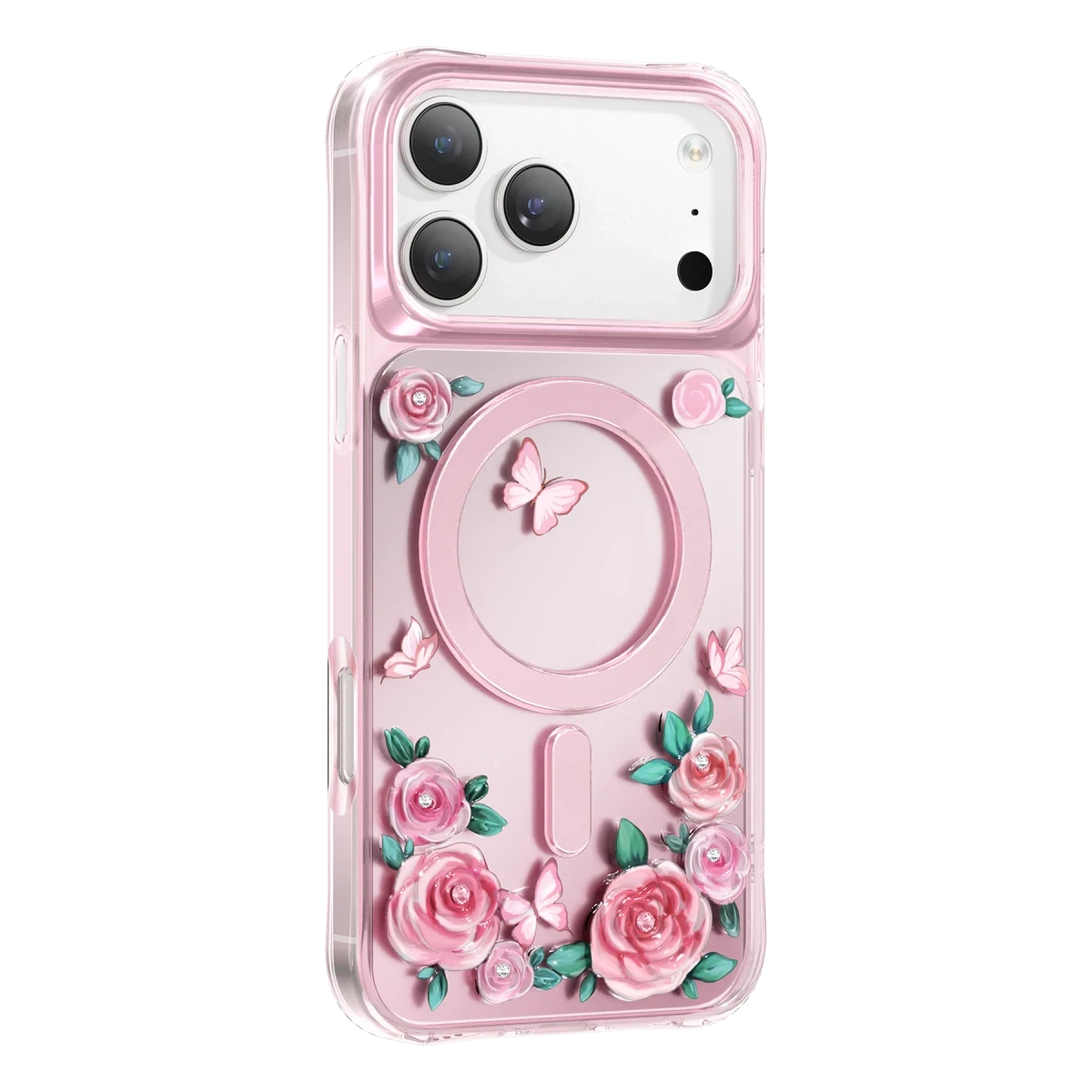 Pembe çiçekli ve kelebekli şeffaf bir telefon kılıfı, dairesel manyetik şarj alanı ve kamera kesikleri bulunuyor.