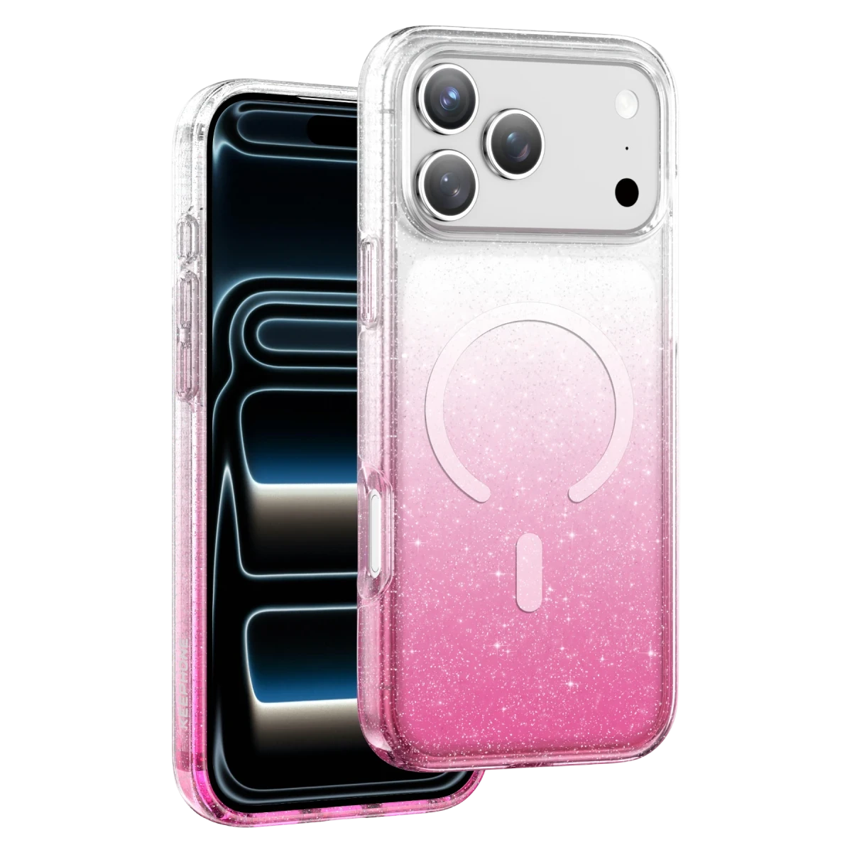 Şeffaf bir telefon kılıfı, pembe simli, şeffafa doğru soluyor, bir telefon üzerinde.