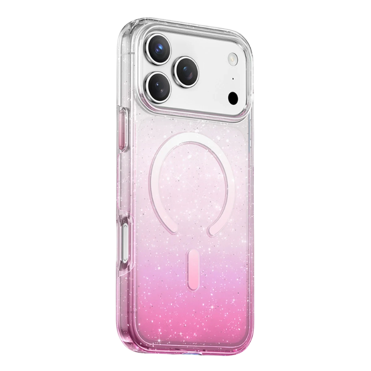 Pembe simli degradeye sahip şeffaf bir telefon kılıfı ve beyaz manyetik halka, üç kamera lensini gösteriyor.