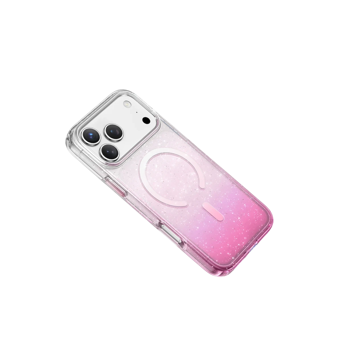Simli, pembe geçişli ve MagSafe halkalı şeffaf telefon kılıfı.