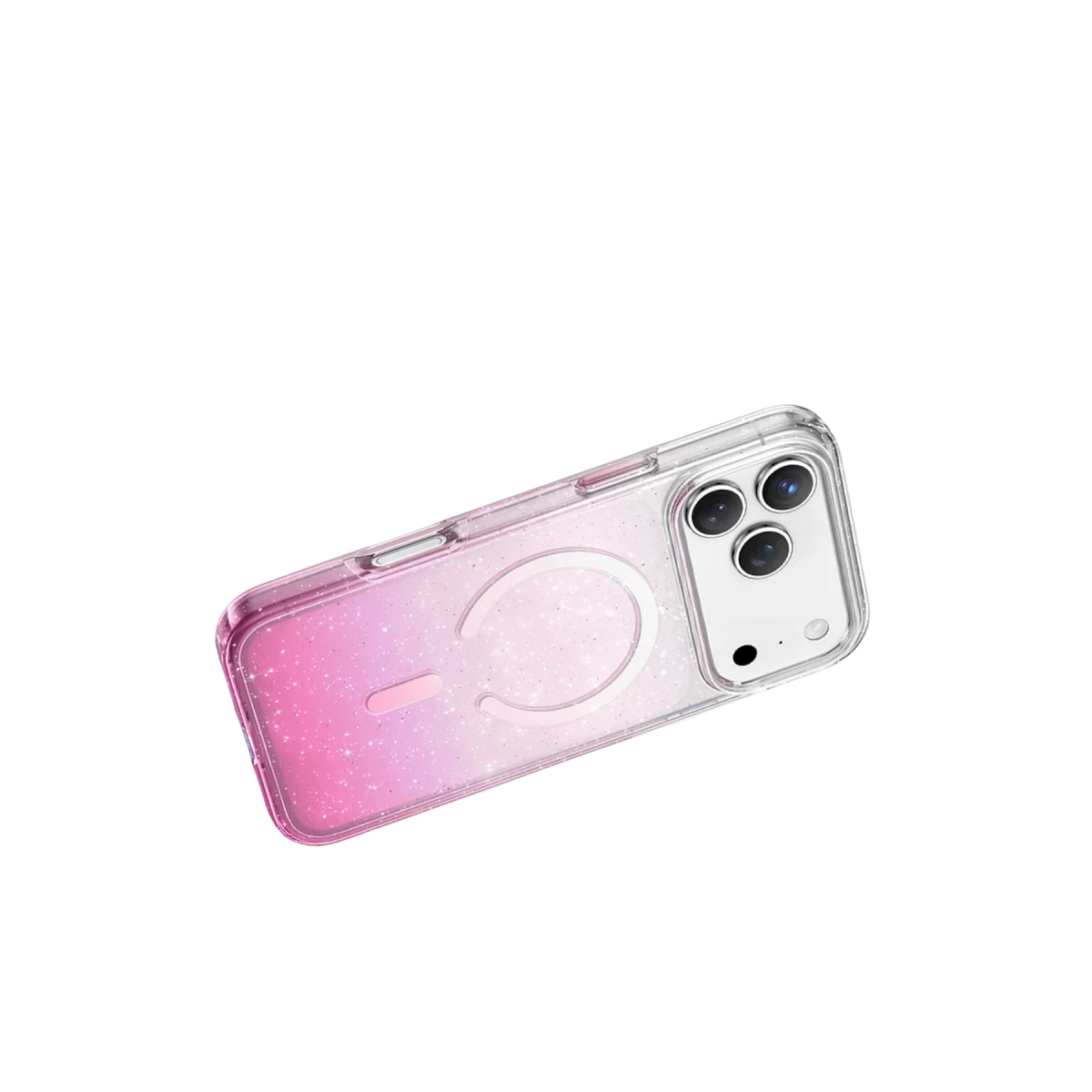 Pembe ve mor parıltılı şeffaf bir telefon kılıfı, beyaz C şeklinde bir mıknatıs ve üç kamera merceği.
