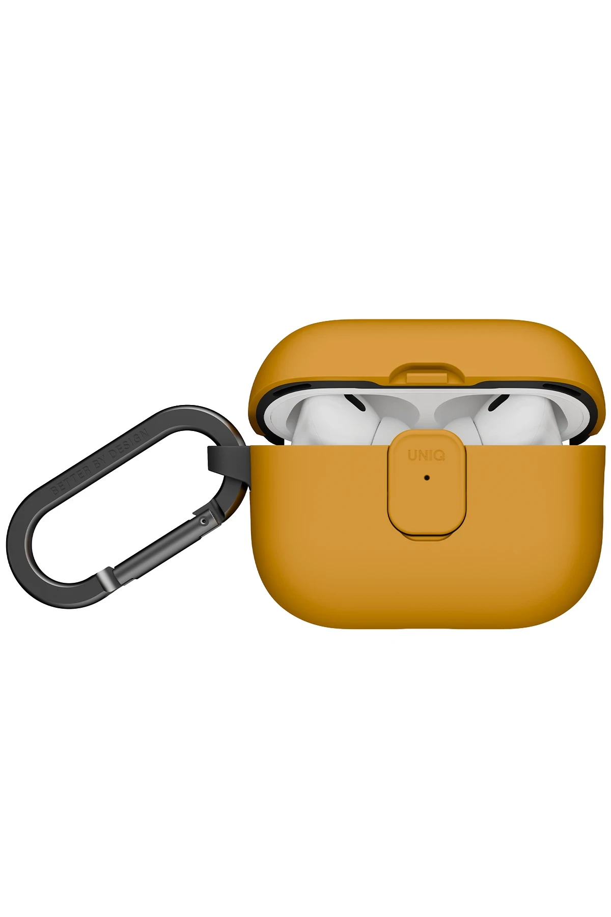 İçinde beyaz kulaklıkları gösteren, kapağı açık, hardal sarısı AirPods Pro kılıfı.