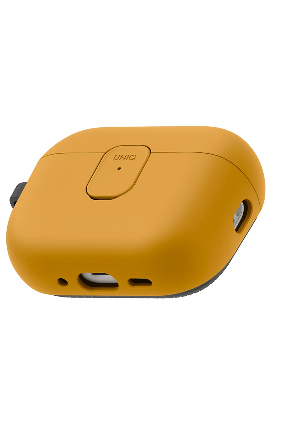Solunda siyah kayışı, altında şarj bağlantı noktası ve sağında gümüş halkası olan hardal sarısı bir AirPods kılıfı.