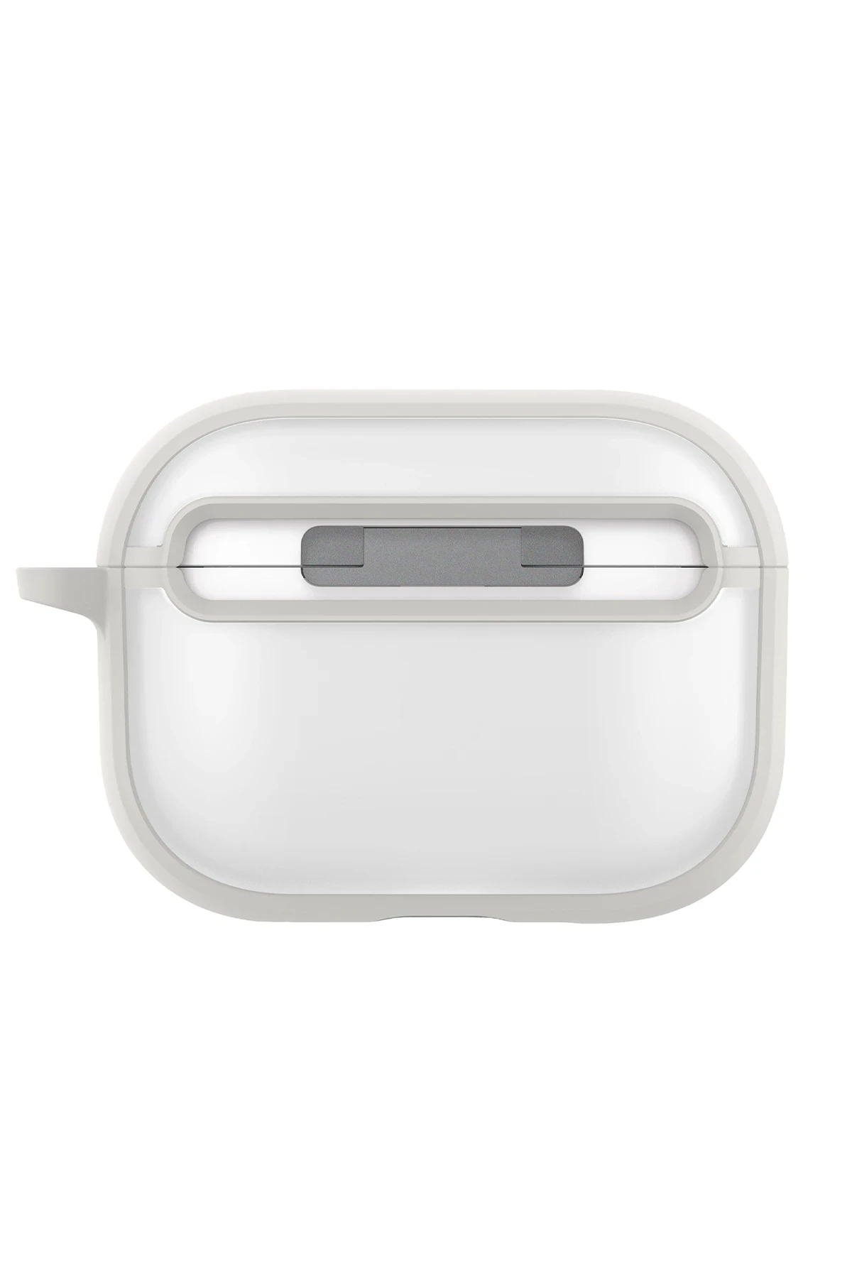 Beyaz şeffaf bir AirPods kılıfı, gri bir menteşeyle beyaz bir zemin üzerinde ortalanmış, yukarıdan görülüyor.