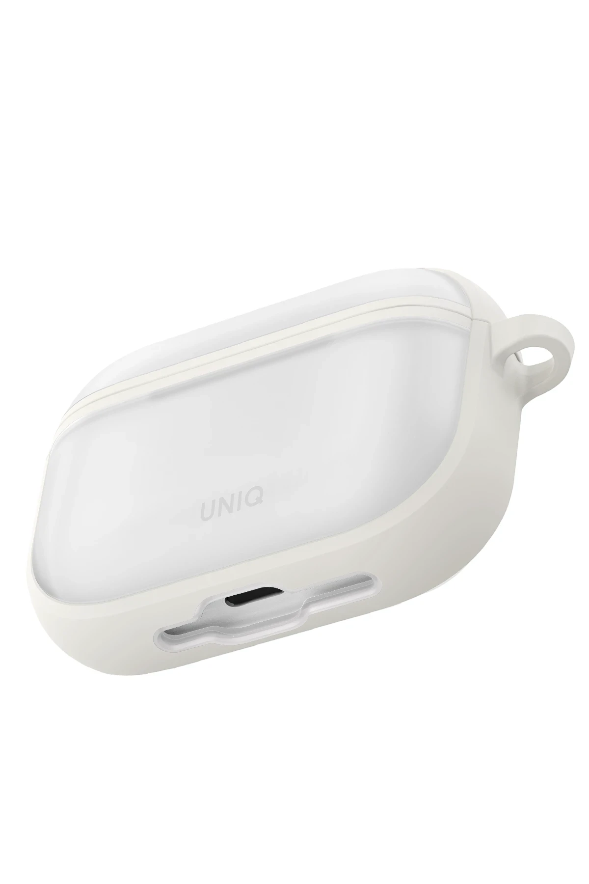 Şeffaf üst kapağı ve sağda küçük bir halkası olan beyaz bir AirPods kılıfı, üzerinde 'UNIQ' logosu bulunuyor.