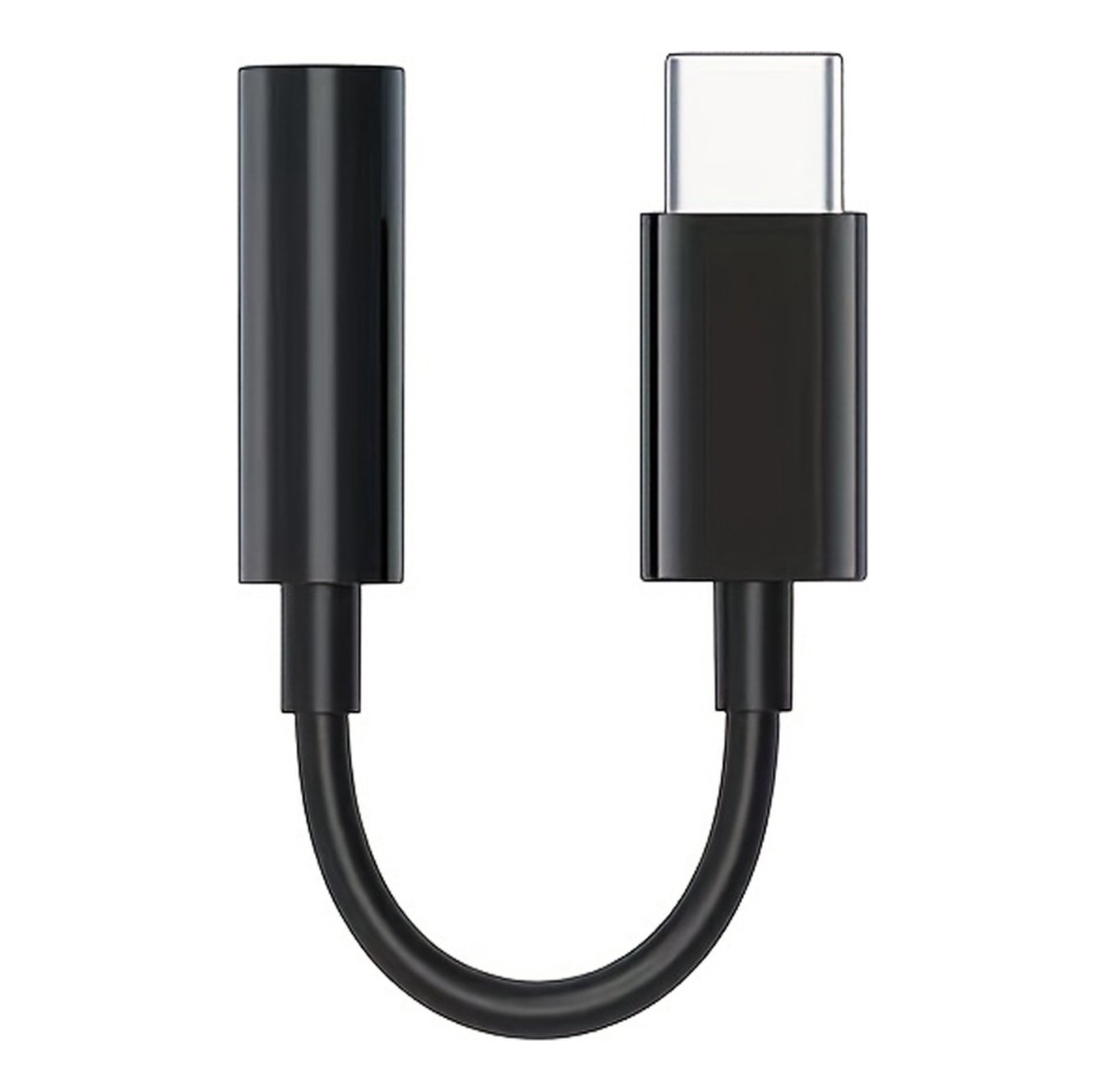 Een zwarte USB-C adapter met 3,5 mm jack en flexibele kabel.