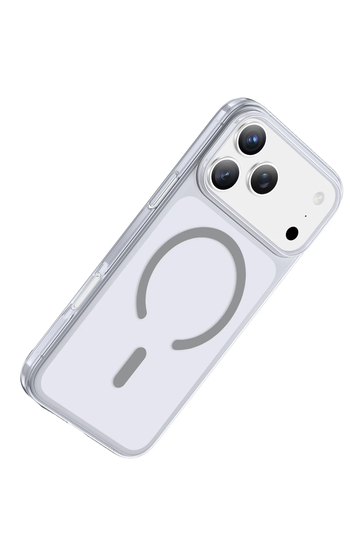 Gri dairesel MagSafe mıknatıslı şeffaf bir telefon kılıfı, beyaz bir arka plan üzerinde açılı olarak gösterilmektedir.