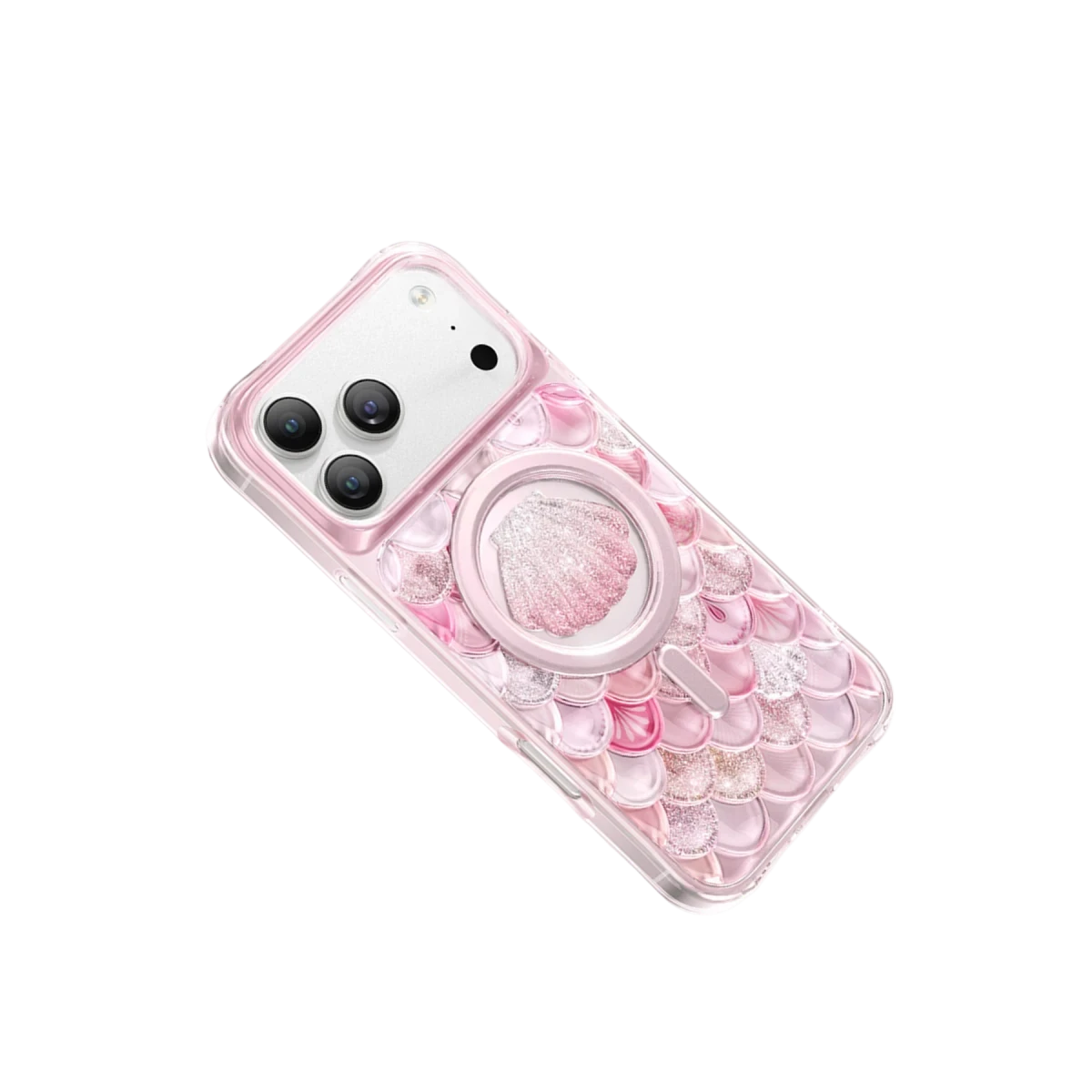 Siyah arka plan üzerinde parıltılı pembe deniz kabuğu deseni ve şeffaf halka tutuculu pembe deniz kızı pullu telefon kılıfı.