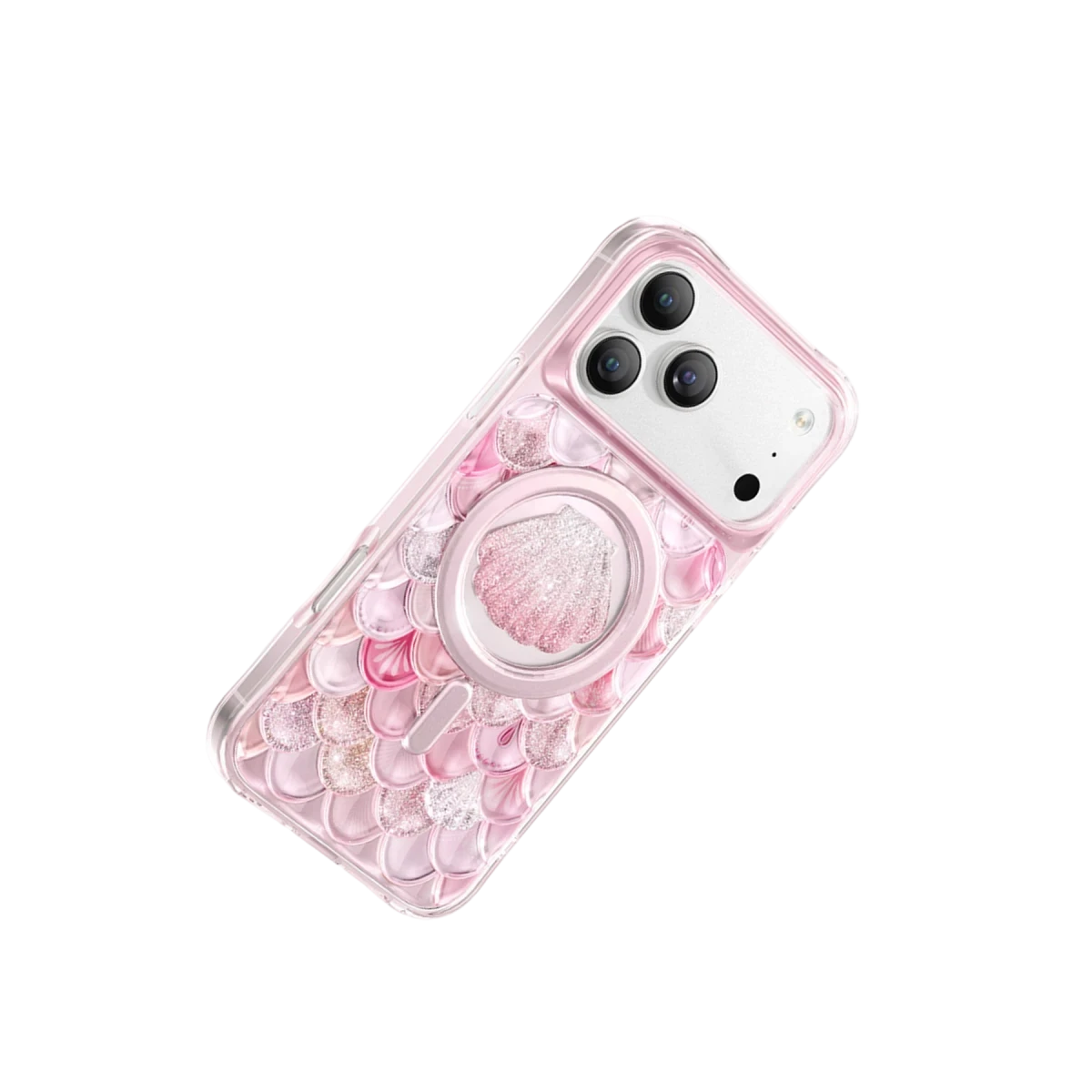 Deniz kızı pul desenli pembe akıllı telefon kılıfı ve parıltılı pembe bir deniz kabuğu içeren dairesel manyetik eklenti.
