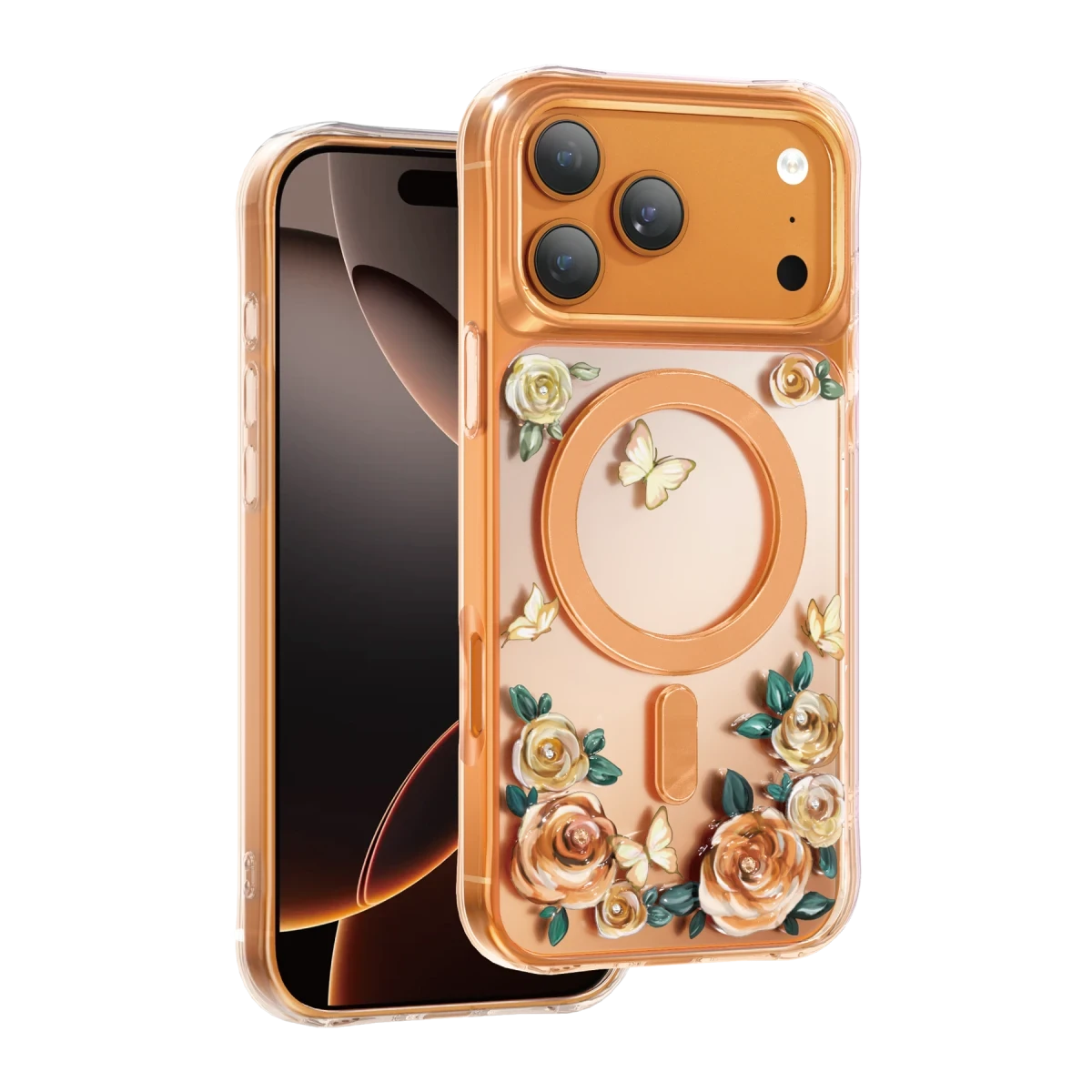 Telefon üzerinde çiçekler ve kelebekler bulunan şeffaf telefon kılıfı.