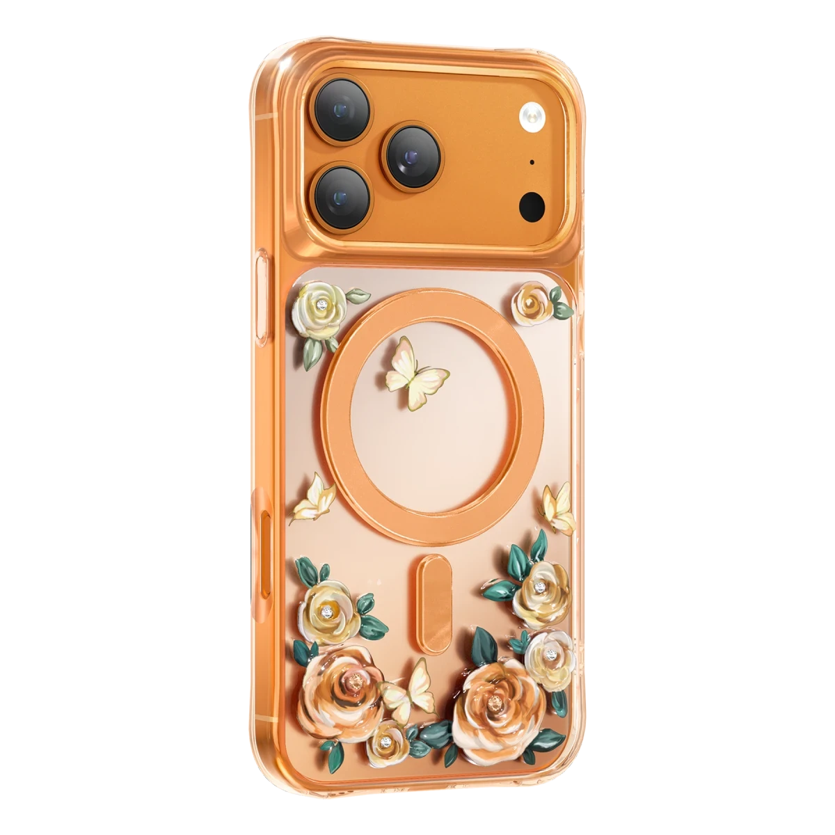 Çiçek desenli ve kelebekli şeffaf turuncu bir iPhone kılıfı. Dairesel bir mıknatıs ve kamera kesiklerine sahiptir.