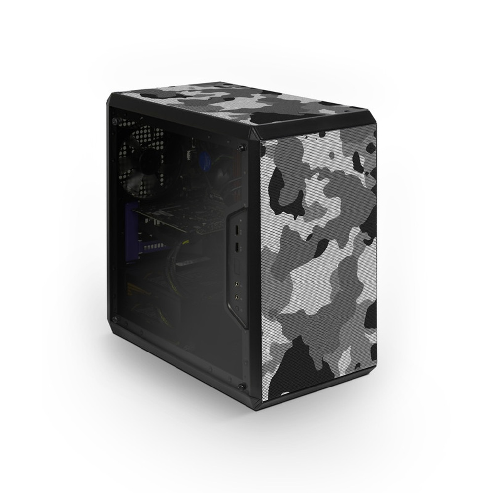 Czarna obudowa komputera z kamuflażowym wzorem w odcieniach szarości i bieli na górze i z przodu.