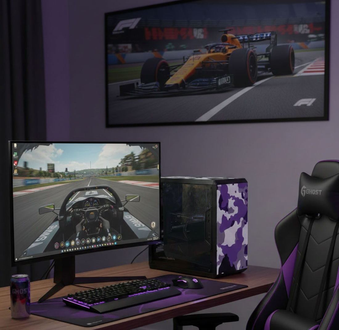 Zestaw gamingowy z monitorem wyświetlającym grę wyścigową, komputerem w fioletowy kamuflaż i czarno-fioletowym fotelem gamingowym.