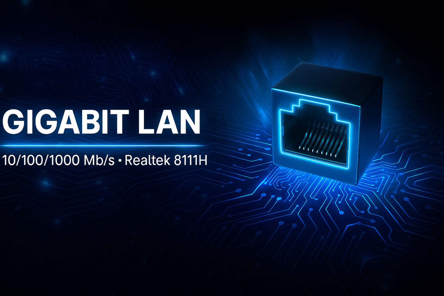 Port sieciowy z świecącym niebieskim obramowaniem na ciemnym tle.