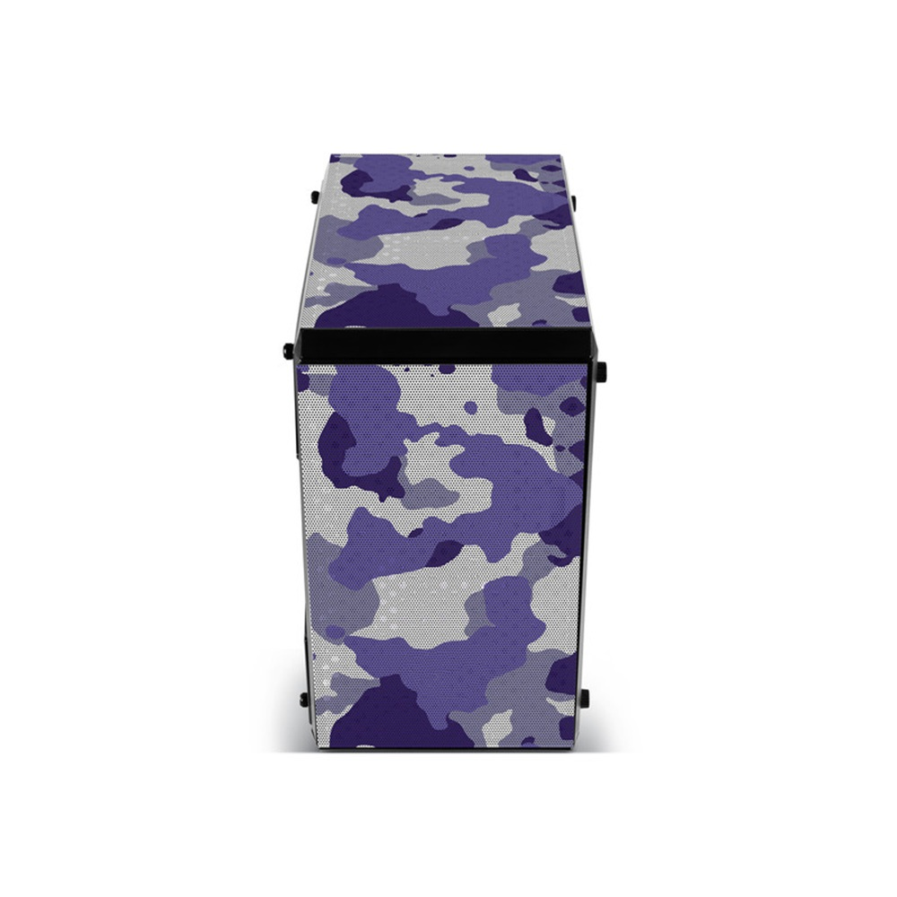 Wieża komputerowa z fioletowym, szarym i białym wzorem moro na przednim i górnym panelu, na białym tle.