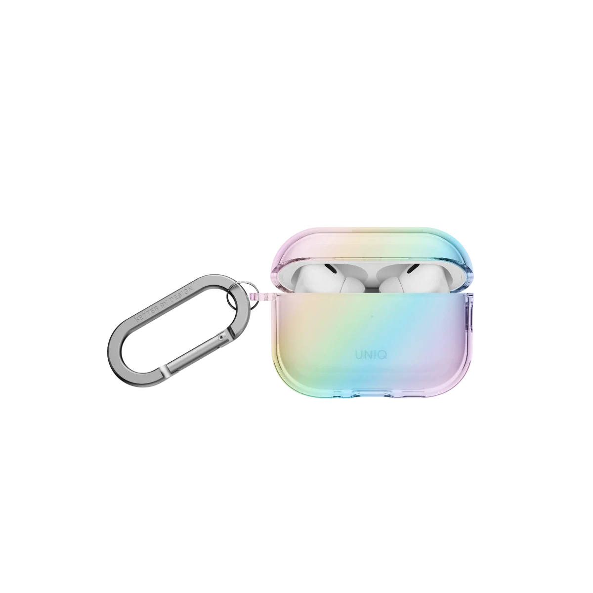 Siyah arka plan üzerinde karabina klipsli renkli AirPods Pro kılıfı.