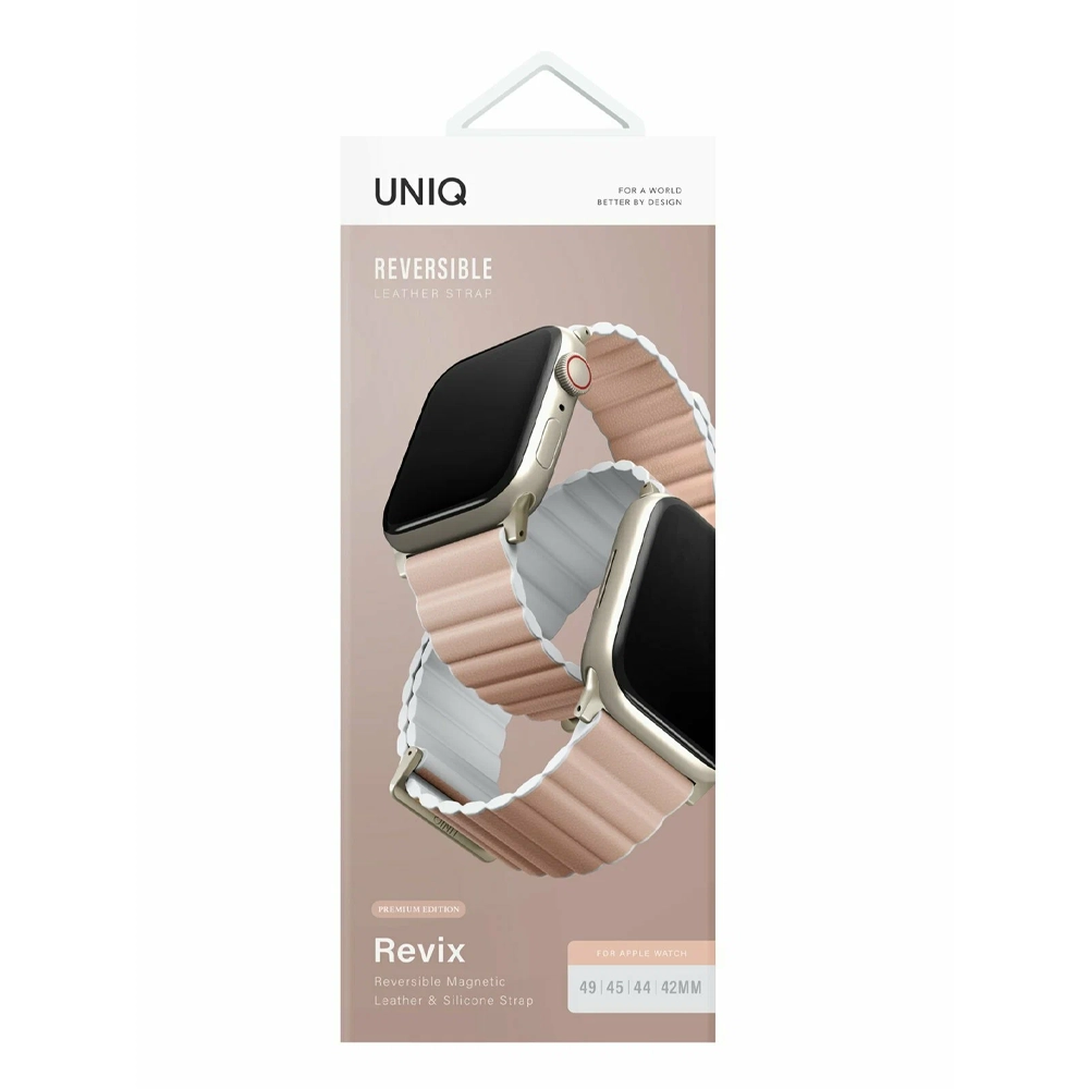 Apple Watch için ters çevrilebilir deri ve silikon kayış için bir ürün paketi. Kayış şeftali ve beyaz renktedir.