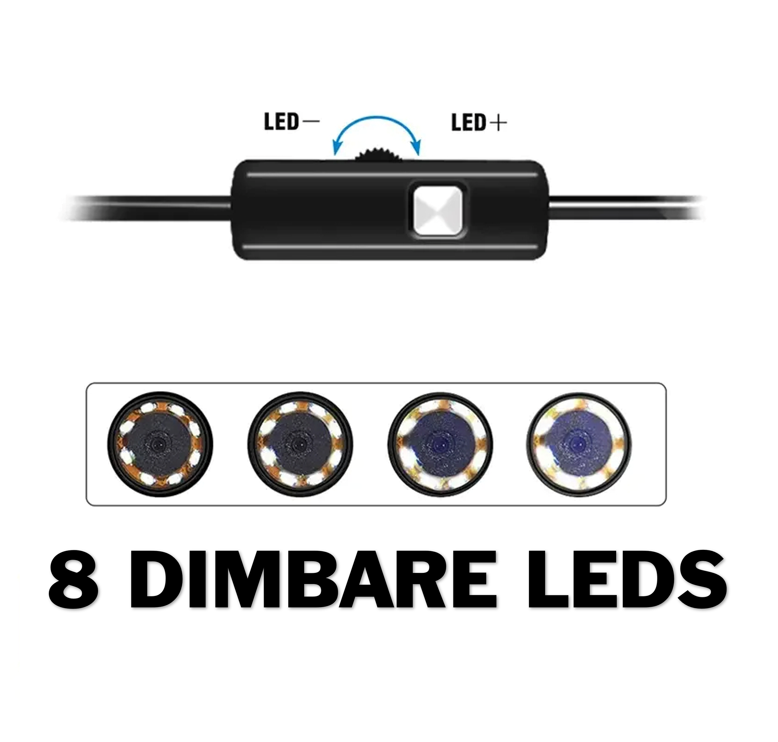 A black LED controller with a white button and a dimmer wheel, alongside four circular LED lights below it.