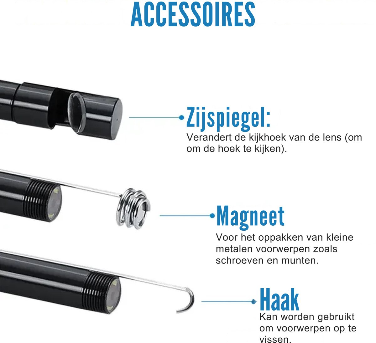 Accessories: Mirror, magnet, and hook for inspection cameras.