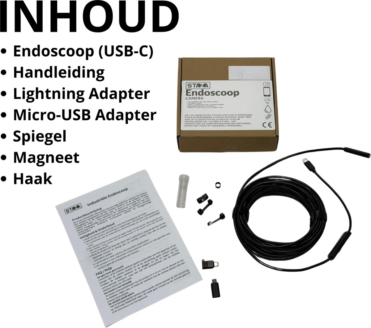 A white background displays a product box, a coiled USB-C endoscope, adapters, and a manual, detailing contents.