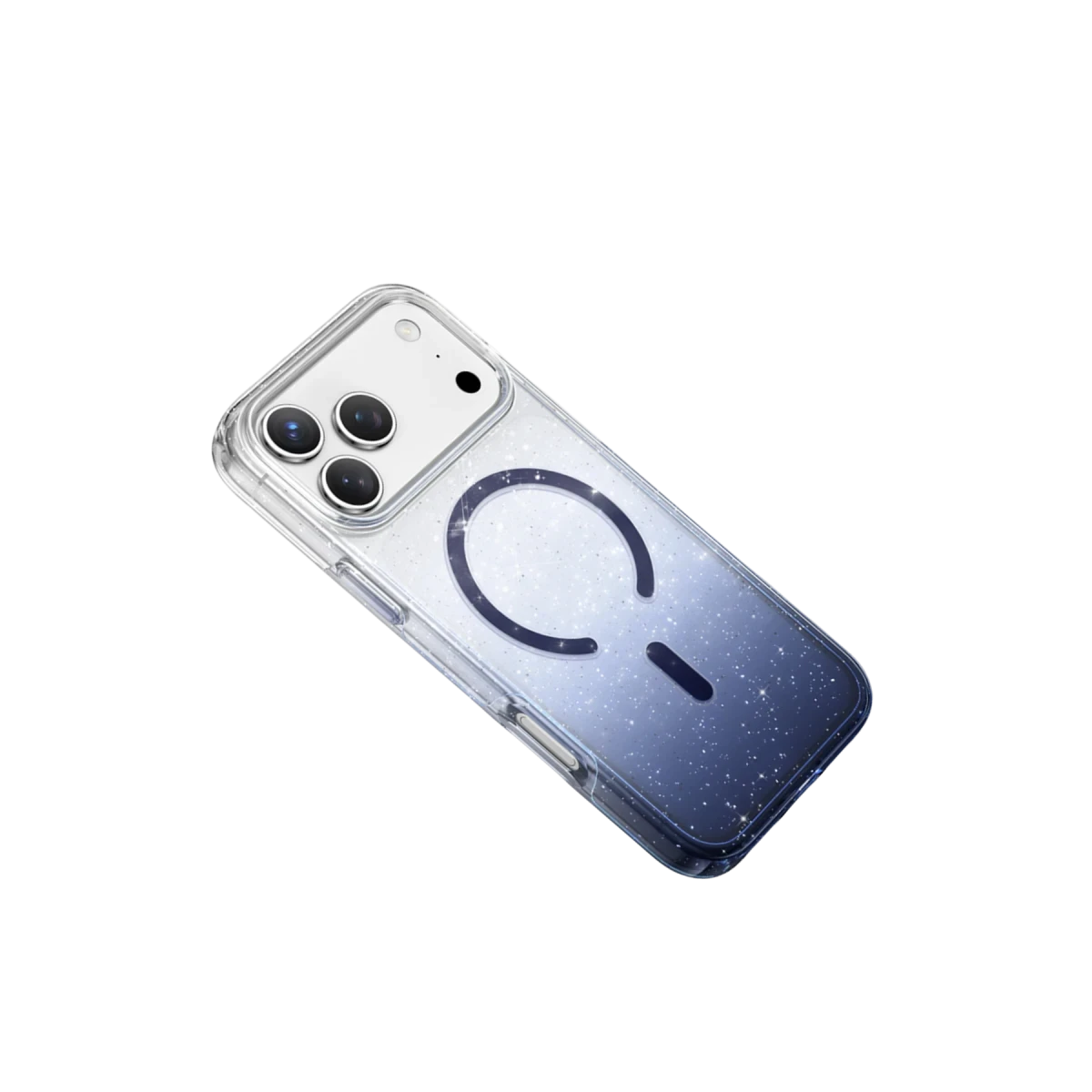 Siyah bir arka plan üzerinde, ışıltılı mavi gradyanlı şeffaf bir iPhone kılıfı ve koyu gri manyetik şarj halkası.