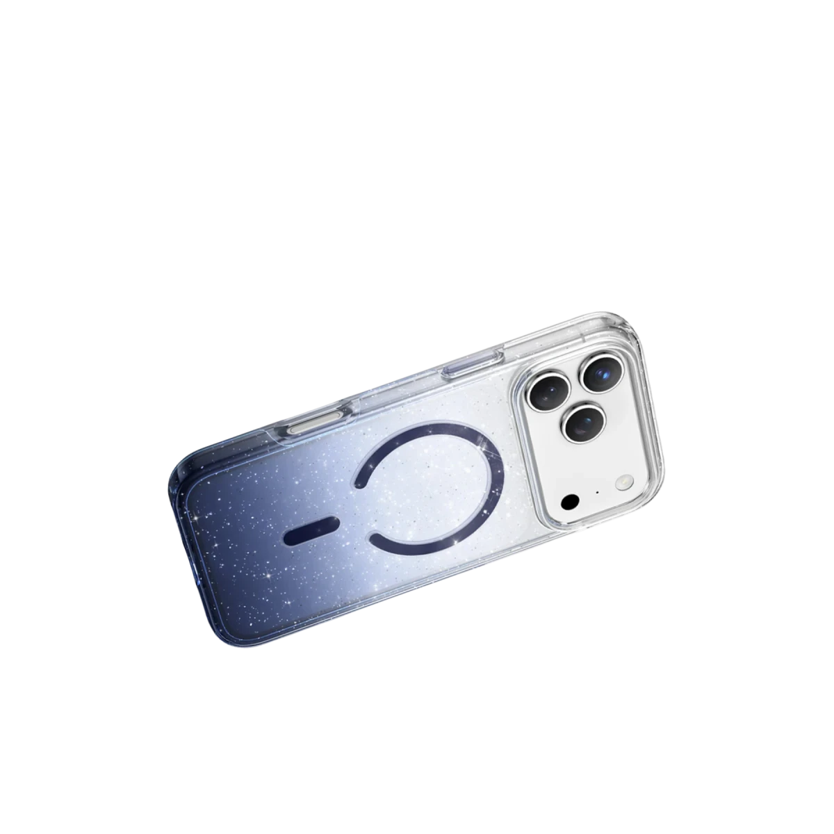 Parıltılı, degrade mavi tasarıma sahip şeffaf bir iPhone kılıfı. Koyu dairesel bir manyetik halka ve üç kamerası var.