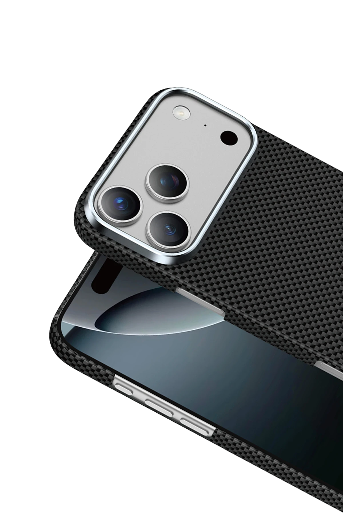 Koyu bir arka plan üzerinde, gümüş kamera modülü yuvası ve görünür telefon ekranına sahip siyah dokulu bir telefon kılıfı.