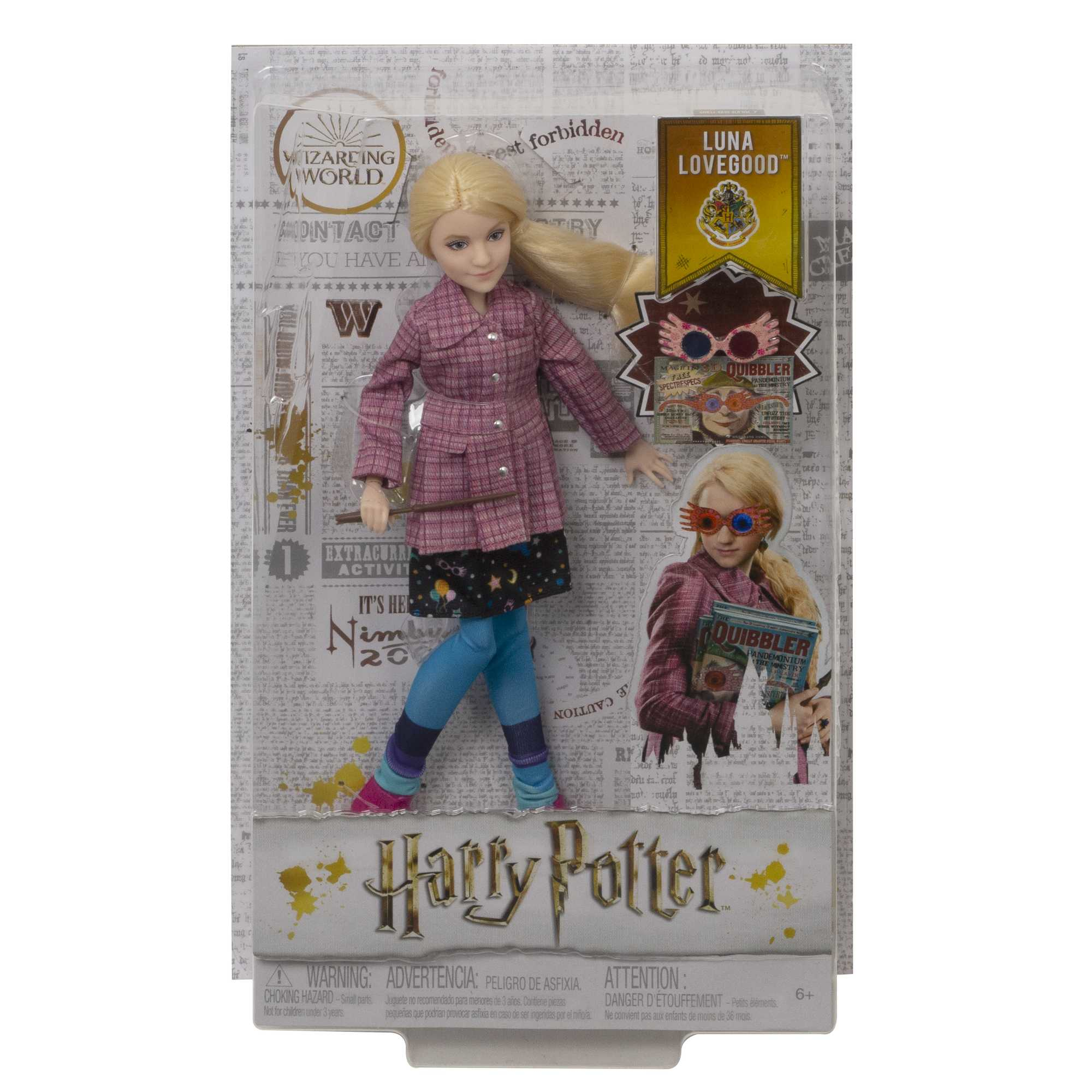 Luna Lovegood-Puppe im Harry-Potter-Design mit Brille und Zauberstab.
