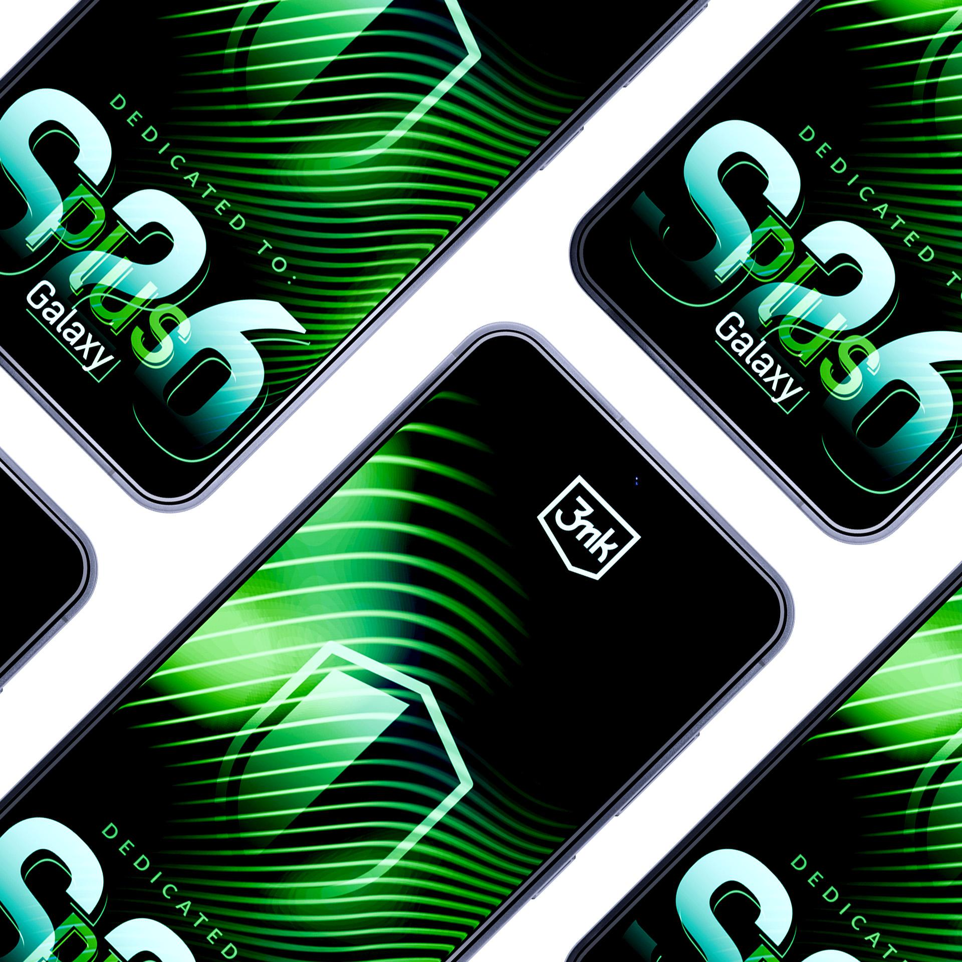 Wiele ekranów smartfonów ułożonych ukośnie, wyświetlających czarne tło z zielonymi falistymi liniami, tekstem i logo.