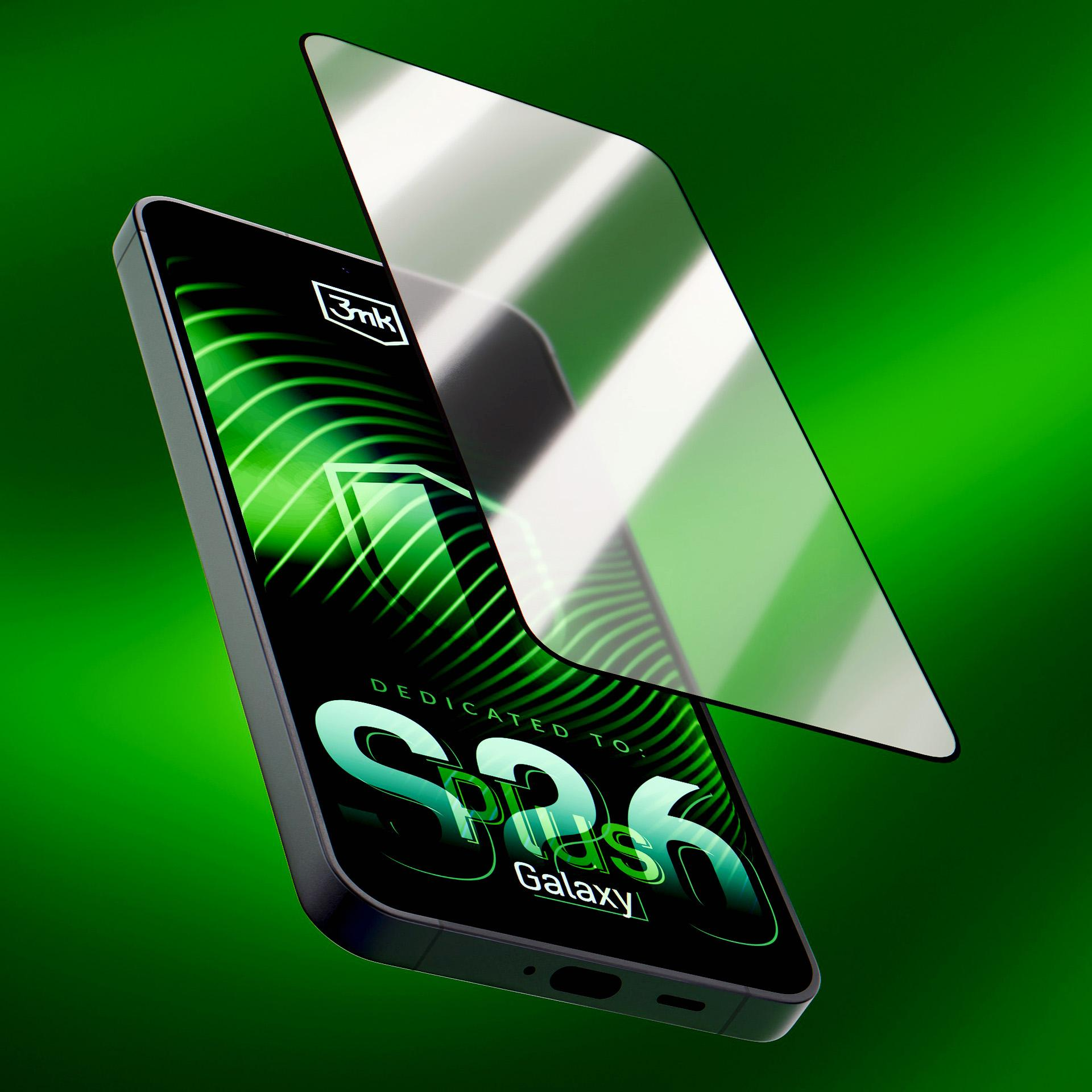 Ekran smartfona z zielonym tłem i unoszącym się nad nim białym ochraniaczem ekranu, prezentujący produkt.