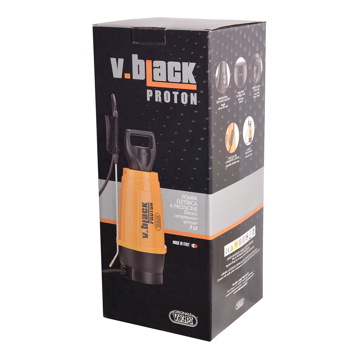Czarno-pomarańczowy elektryczny opryskiwacz ciśnieniowy V. Black Proton w pudełku, z widocznymi szczegółami i funkcjami produktu.