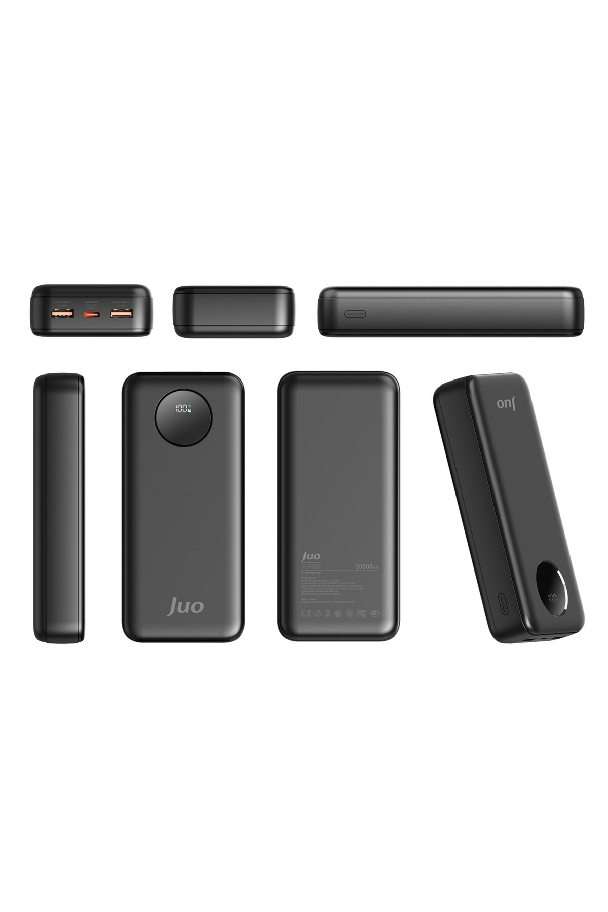 Siyah bir powerbank, beyaz bir arka plan üzerinde altı farklı görünümde gösteriliyor, bağlantı noktaları ve ekranı vurgulanıyor.