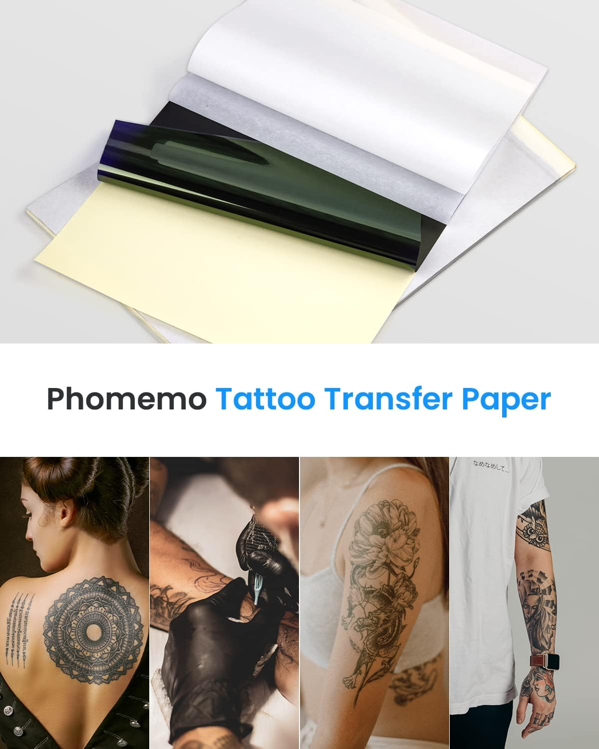 Ein Stapel Tattoo-Transferpapiere mit einem dunkelblauen Deckblatt, einem beigen Unterblatt und weißem Seidenpapier.