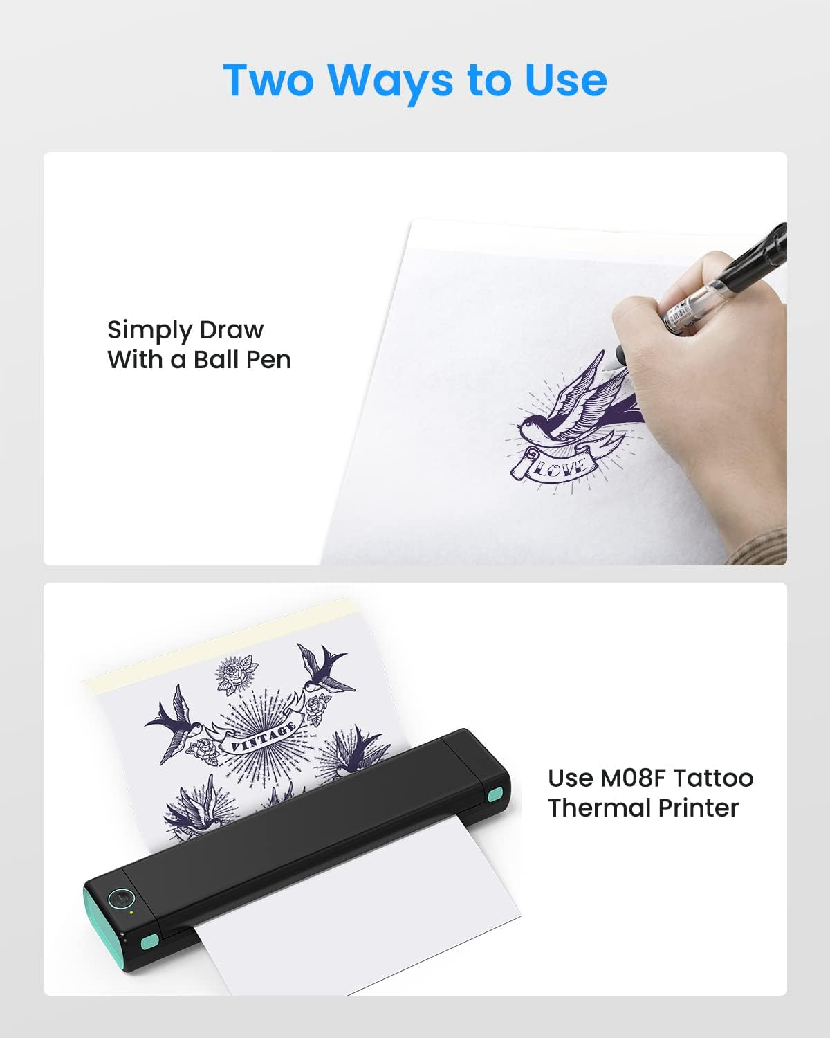 Ein zweiteiliges Bild zeigt eine Hand, die ein Tattoo-Design mit einem Stift zeichnet, und einen Tattoo-Drucker mit einem Design.