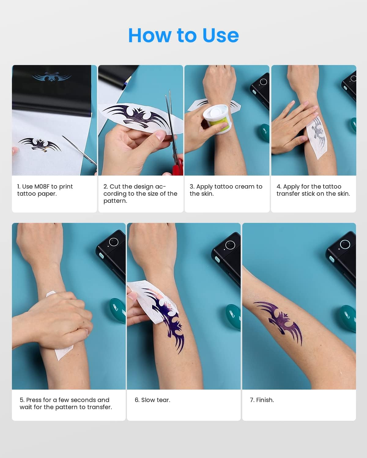 Eine siebenschrittige Anleitung zeigt, wie man ein temporäres Tattoo anbringt. Die Schritte umfassen Drucken, Schneiden, Creme auftragen, Platzieren, Drücken und Abziehen.