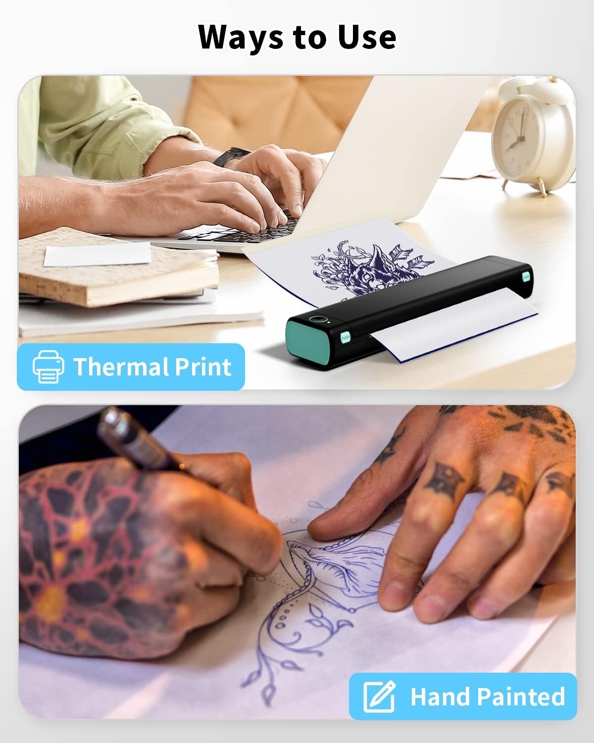 Oben: Person benutzt Laptop, druckt Design mit schwarzem tragbaren Drucker. Unten: Tätowierte Hände zeichnen ein Design.
