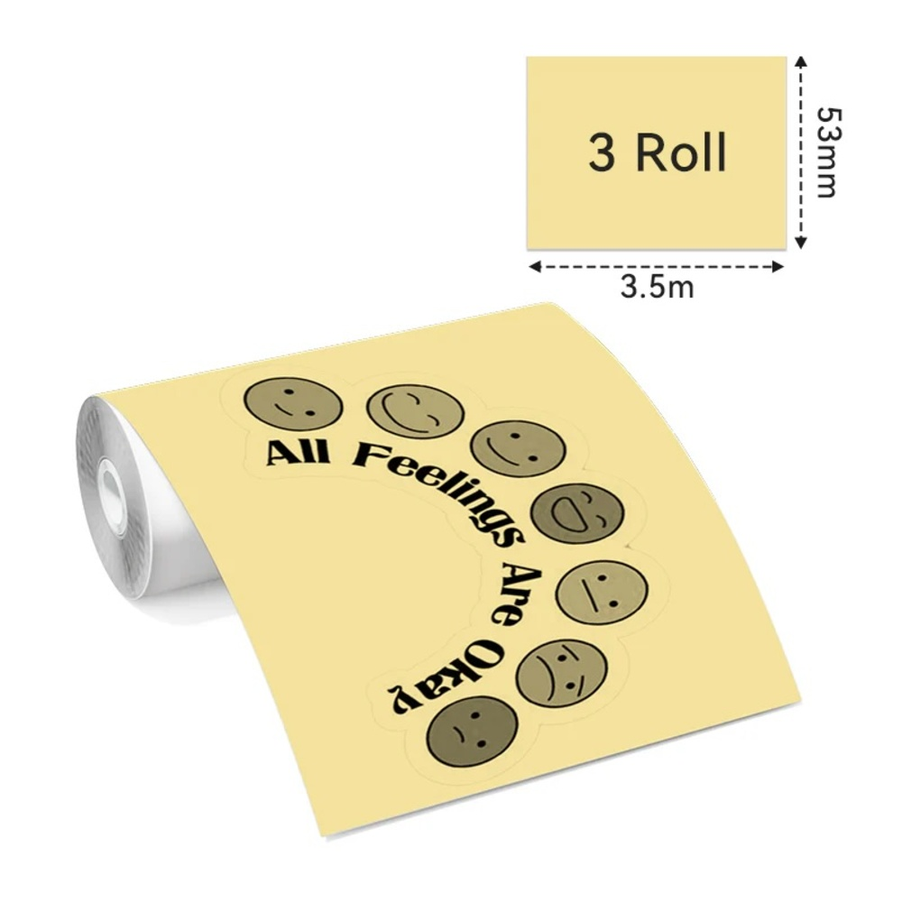 Eine beige Aufkleberrolle mit verschiedenen Gesichtsausdrücken und dem Text „All Feelings Are Okay“ in Schwarz, plus einer Größentabelle.