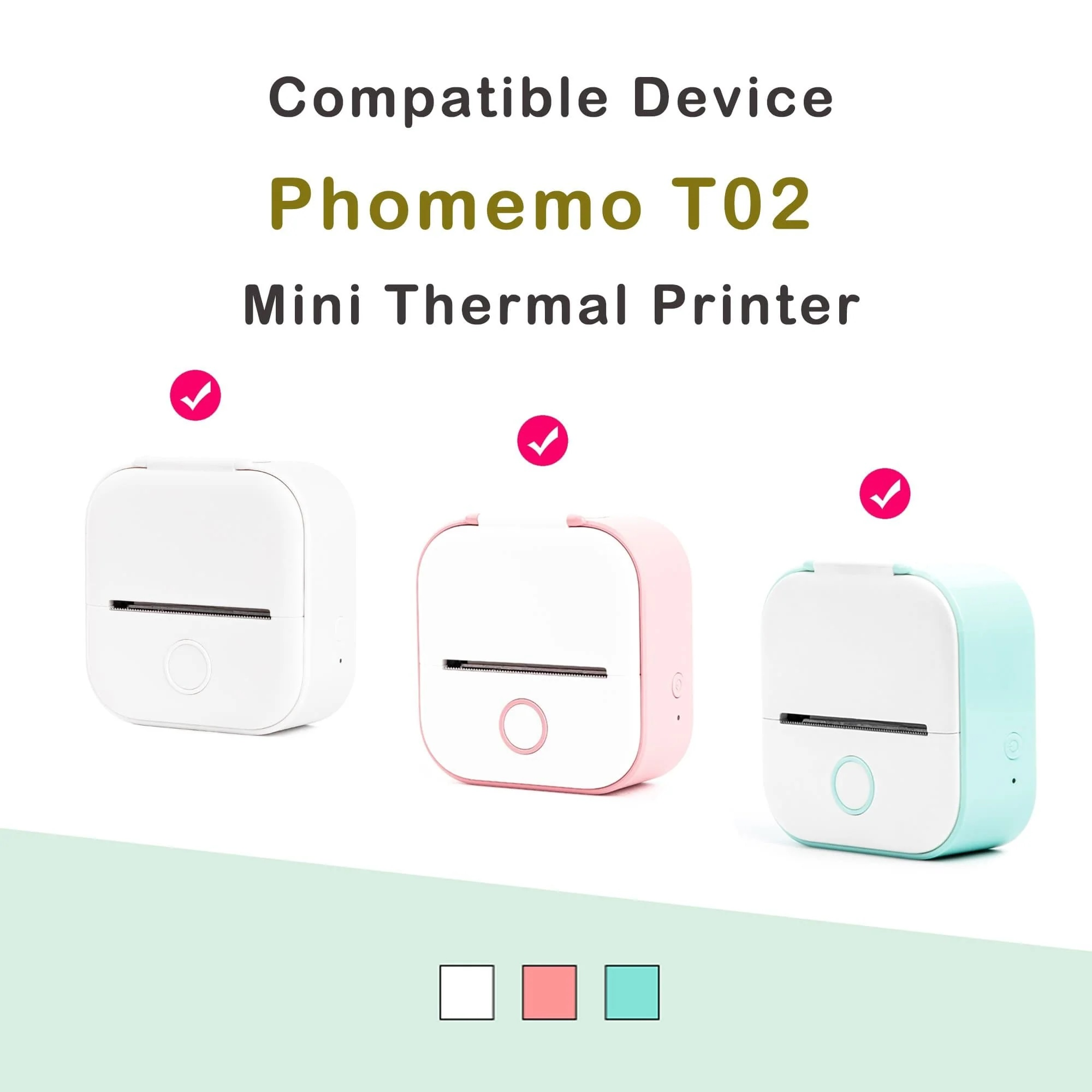 Drei Phomemo T02 Mini-Thermodrucker in Weiß, Pink und Mintgrün, mit Farbfeldern darunter.
