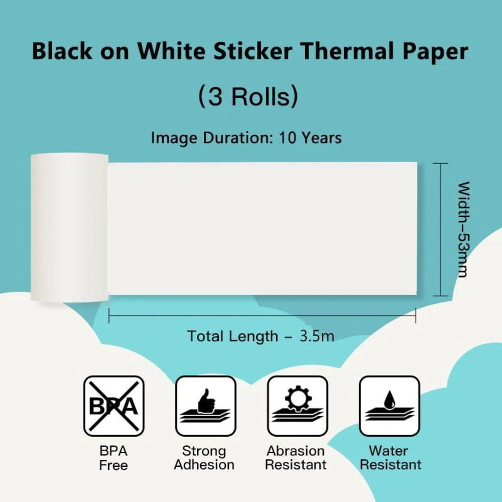 Weiße Thermo-Etikettenpapierrolle, 53 mm breit, 3,5 m lang, mit Symbolen für BPA-frei, starke Haftung, Abrieb- und Wasserbeständigkeit.