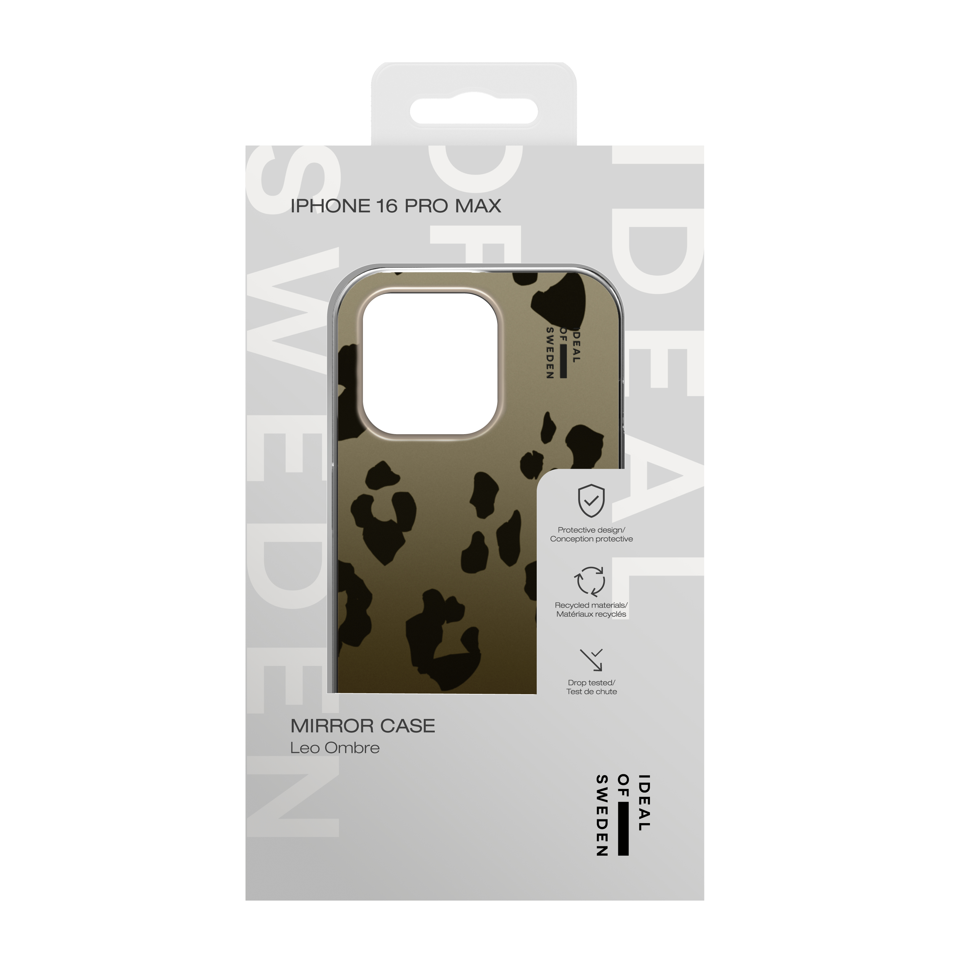 Eine beige-schwarz leopard gemusterte Handyhülle auf weißem Hintergrund, die ihre Schutzfunktionen hervorhebt.
