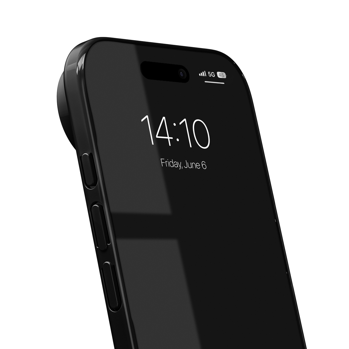 Ein schwarzes Smartphone mit Kameraobjektivaufsatz, das die Uhrzeit 14:10 und das Datum Freitag, 6. Juni anzeigt.