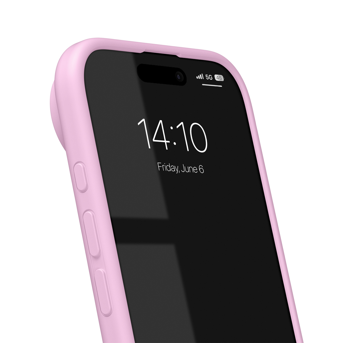 Ein rosafarbenes iPhone in einer Hülle zeigt die Uhrzeit 14:10 und das Datum Freitag, 6. Juni an. Das 5G-Signalsymbol ist sichtbar.