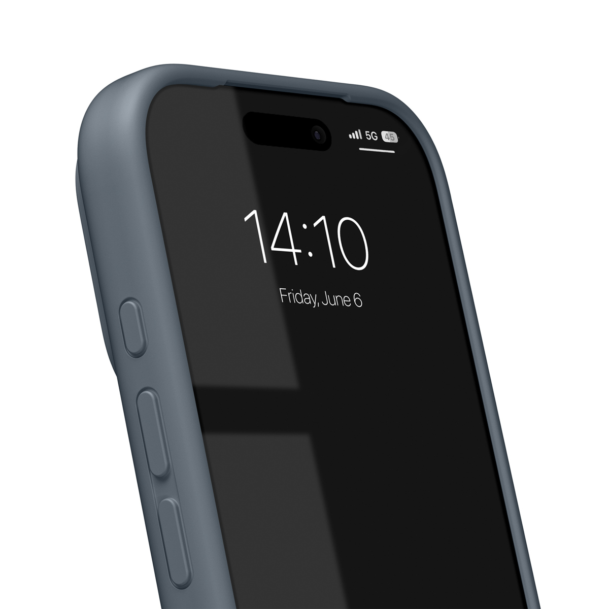 Eine Nahaufnahme eines dunkelgrauen iPhones in einer passenden Hülle, das "14:10 Freitag, 6. Juni" auf dem Bildschirm anzeigt.