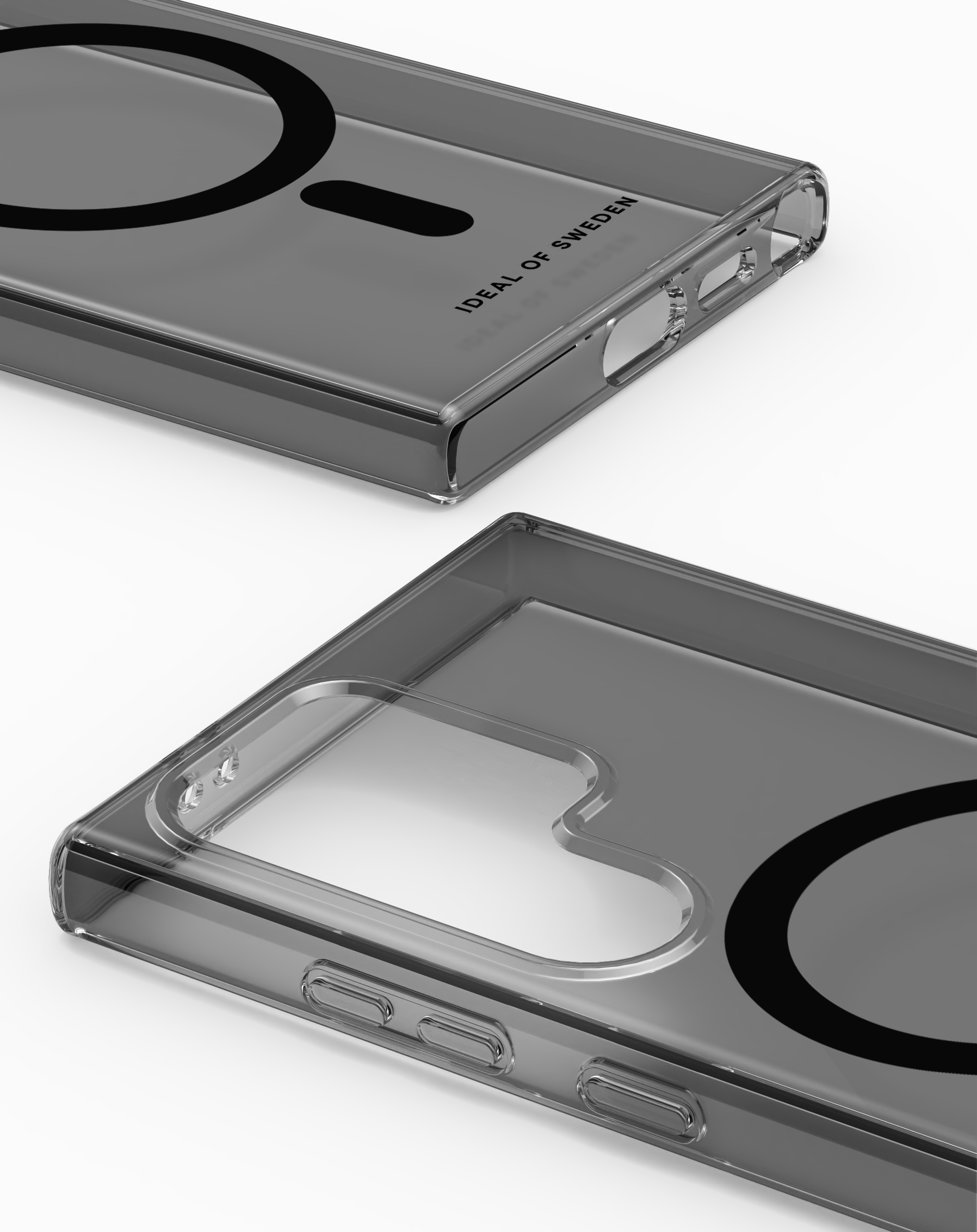 Zwei transparente Handyhüllen, übereinander, mit einem schwarzen kreisförmigen Design und dem Text "IDEAL OF SWEDEN".
