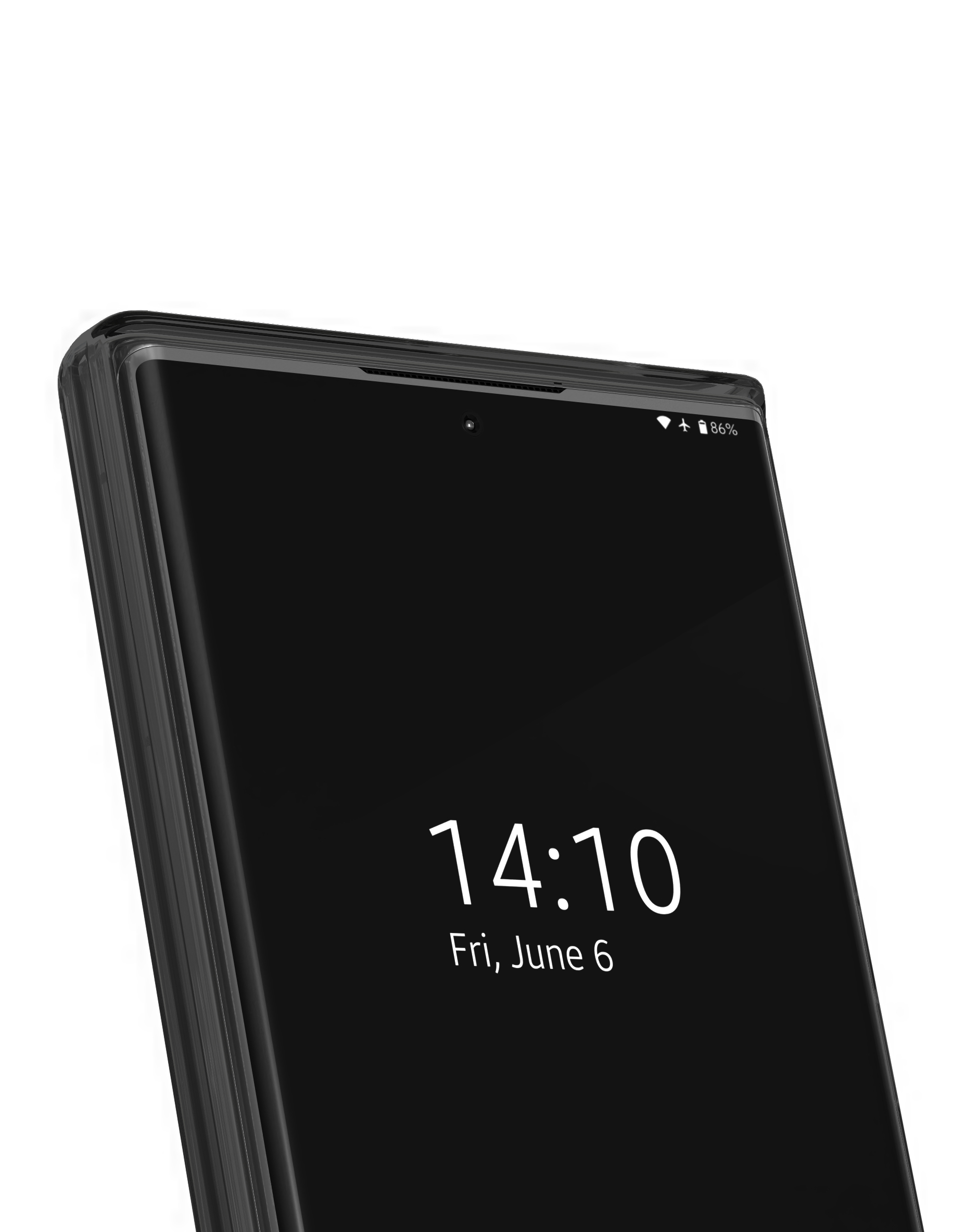Nahaufnahme eines schwarzen Smartphone-Bildschirms, der die Uhrzeit 14:10 und das Datum Fr, 6. Juni anzeigt, mit Batterie- und Flugmodus-Anzeigen.