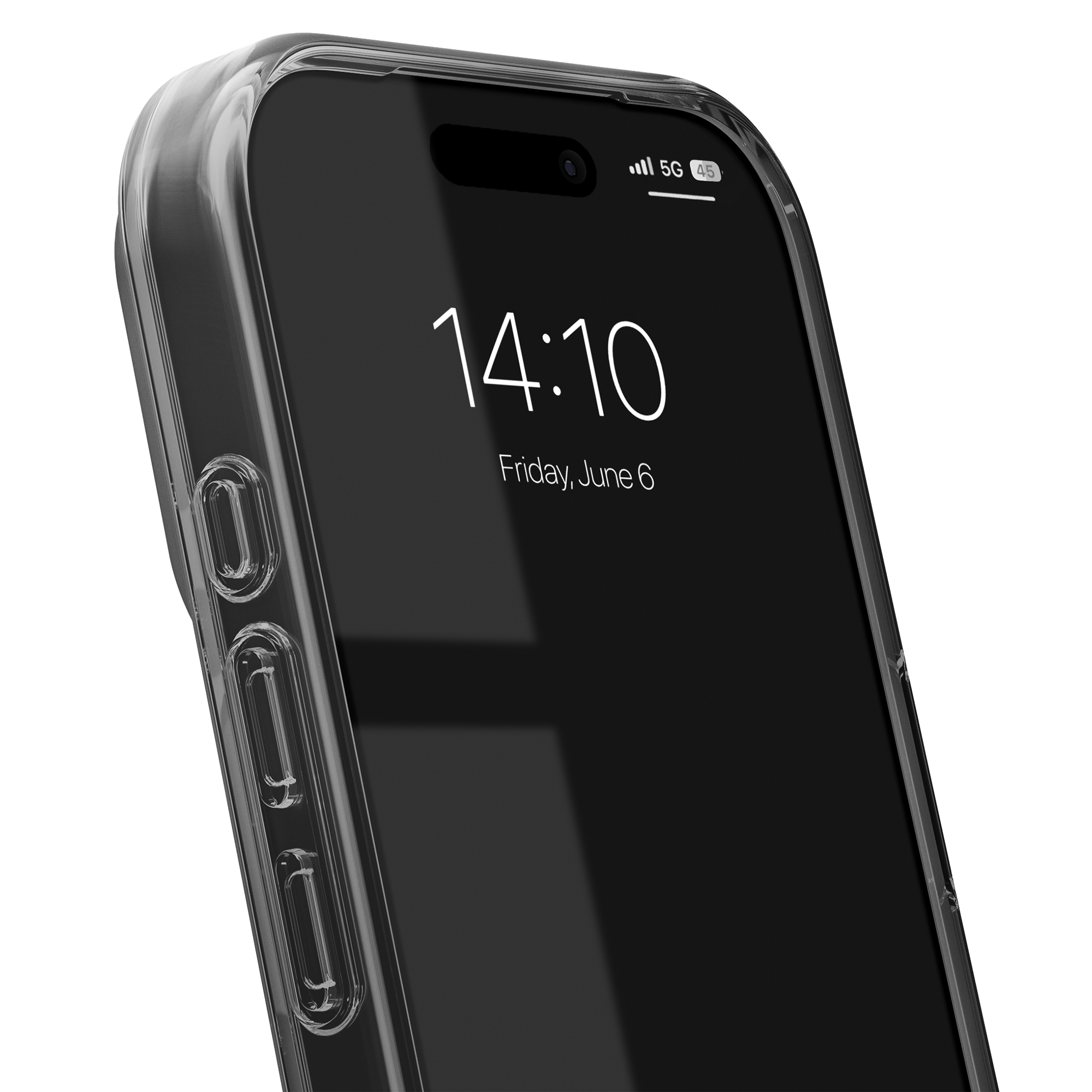 Eine Nahaufnahme, schräge Ansicht eines schwarzen Smartphones in einer durchsichtigen Hülle, das 14:10 und Freitag, 6. Juni anzeigt.