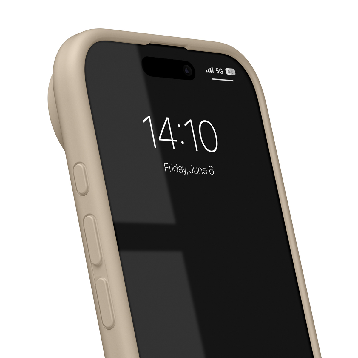 Ein beiges Smartphone in passender Hülle, zeigt '14:10 Freitag, 6. Juni' auf schwarzem Bildschirm, mit sichtbarem 5G-Signal.